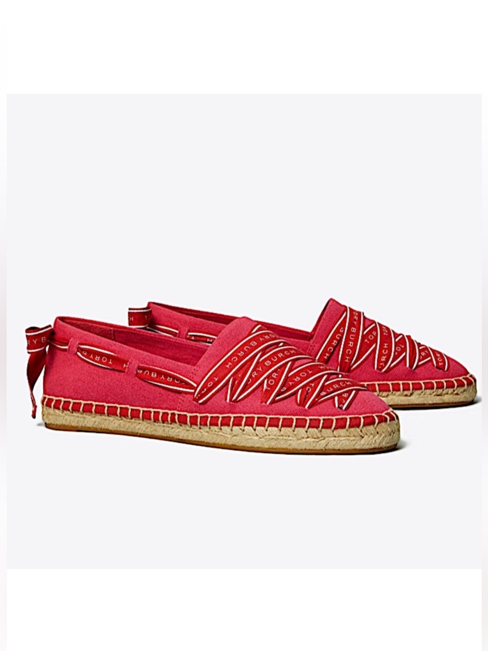 Tory Burch Size 7 Logo Ribbon Grosgrain Espadrilles Red Canvas Flats Newer Style